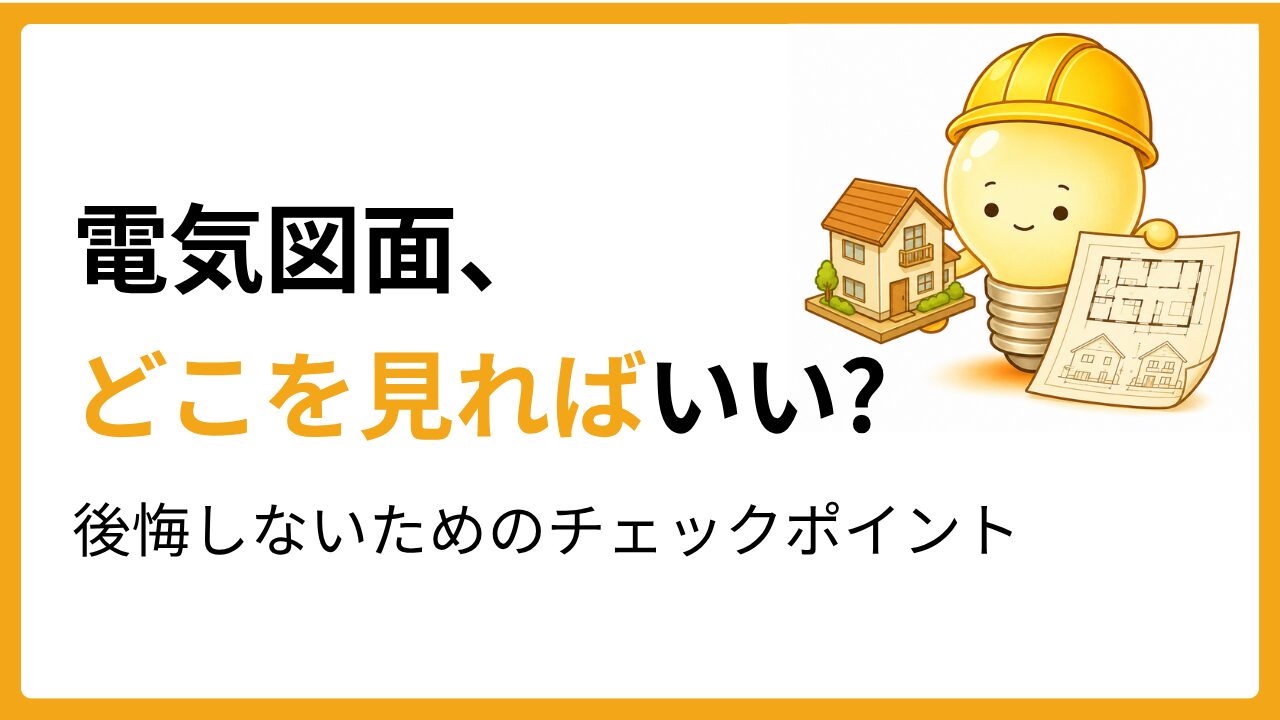 住宅の模型と図面を持つ電球キャラクターのイラスト。新築の電気図面の見方とチェックポイントを解説する記事のアイキャッチ